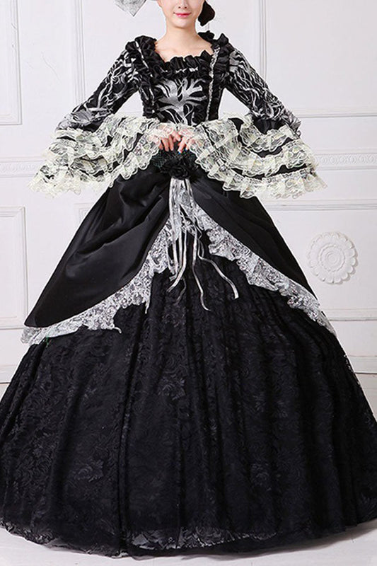 Black Lace Trumpet Sleeve Victorian Gown - Bowknot Hollow Embroidery