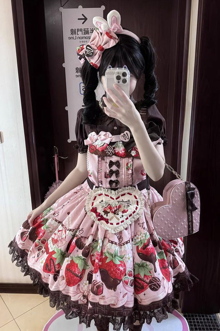 Rose Sleeveless Embroidered Bow Lace Lolita Strap Dress - Strawberry Chocolate Lover