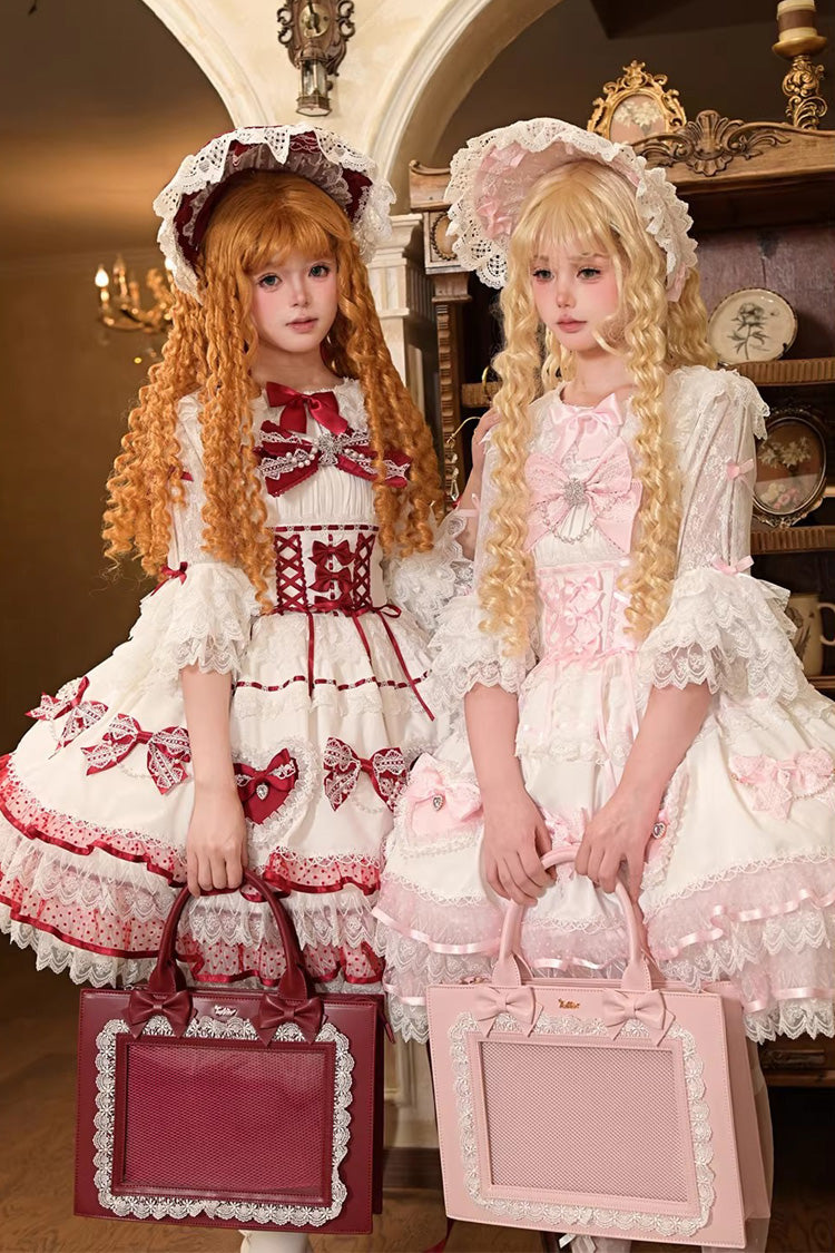 Crimson Snowberry Square Collar Sleeveless Double-Layered Ruffled Bow Lace-Up Sweet Elegant Jsk Dress