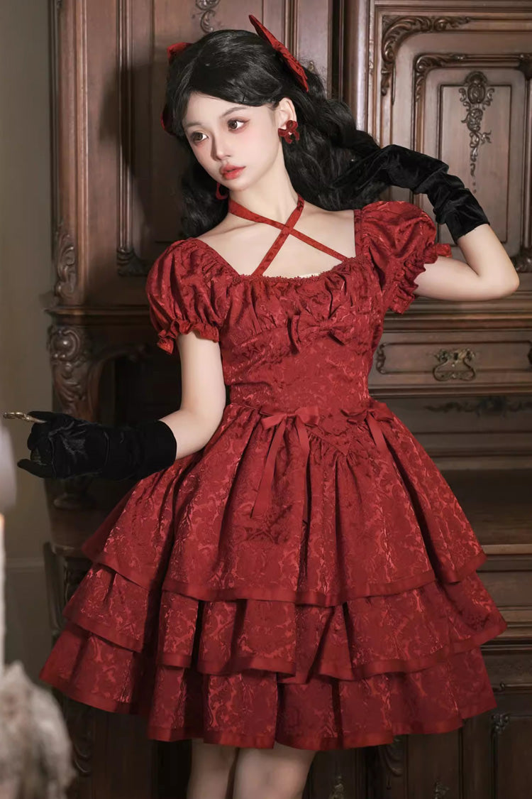 Red Thorn Rose Short Sleeve Multi-Layer Ruffle Bowknot Gothic Dress