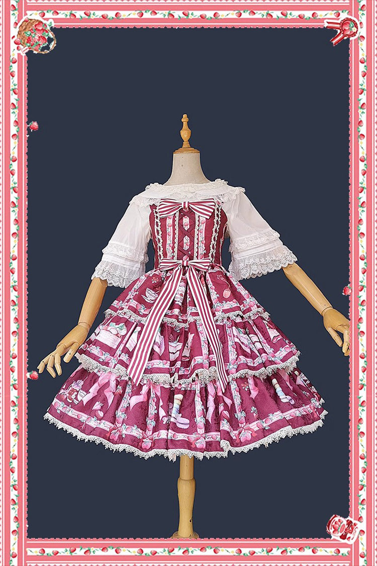 Strawberry Afternoon Tea Themed Sweet Lolita Tiered Dress with Ice Cream Print