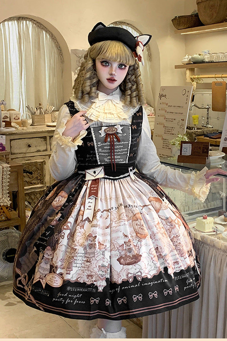 Black Fox Print Square Collar Bowknot Classic Lolita Jumper