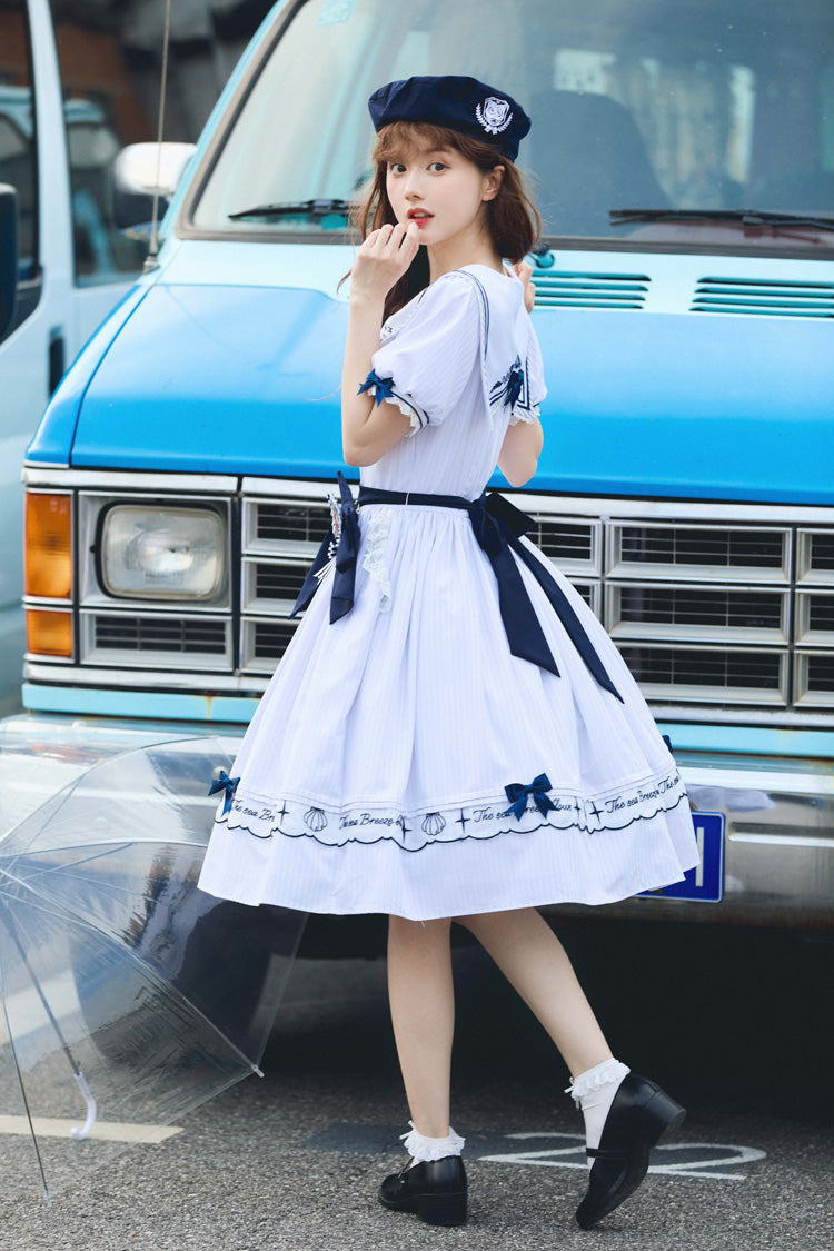Navy Stripe Short Sleeve Ruffled Embroidery Sweet Lolita Dress