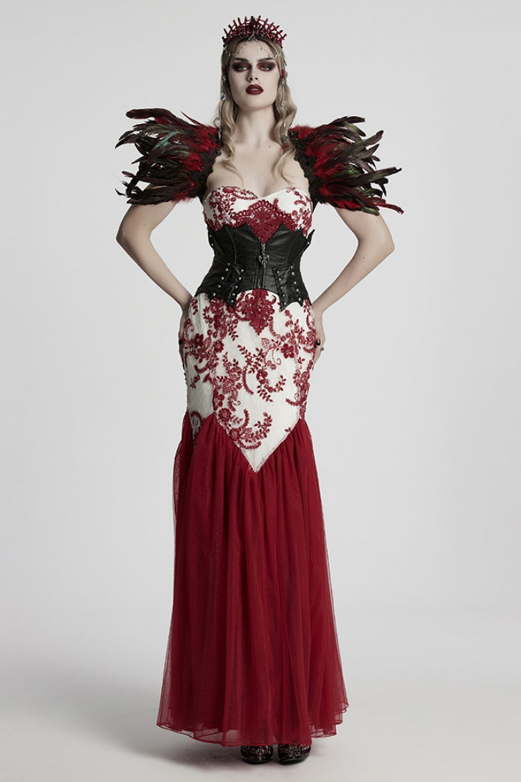 Crimson Off-Shoulder Embroidered Lace Slim Gothic Fishtail Gown