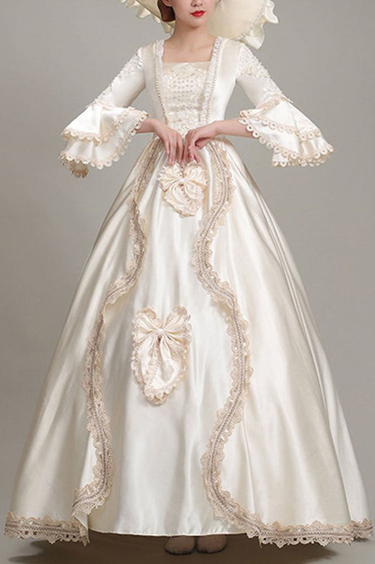 Champagne Victorian Dress with Bow and Floral Embroidery - Altfashion Shop