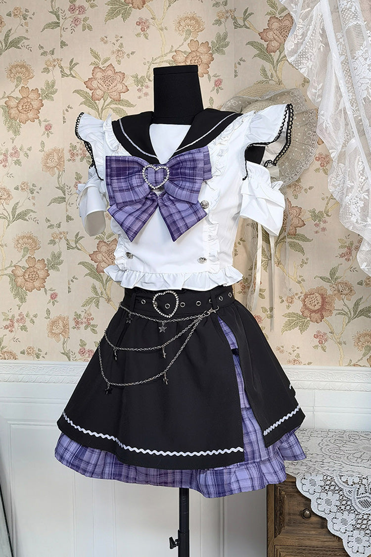 Black White Short Sleeve Printed Bow Sweet Jirai Kei Skirt Set