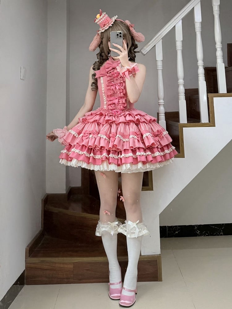 Pink Rose Halter Ruffle Skirt Neck Sweet Bow Lolita Idol Tiered Accents Dress