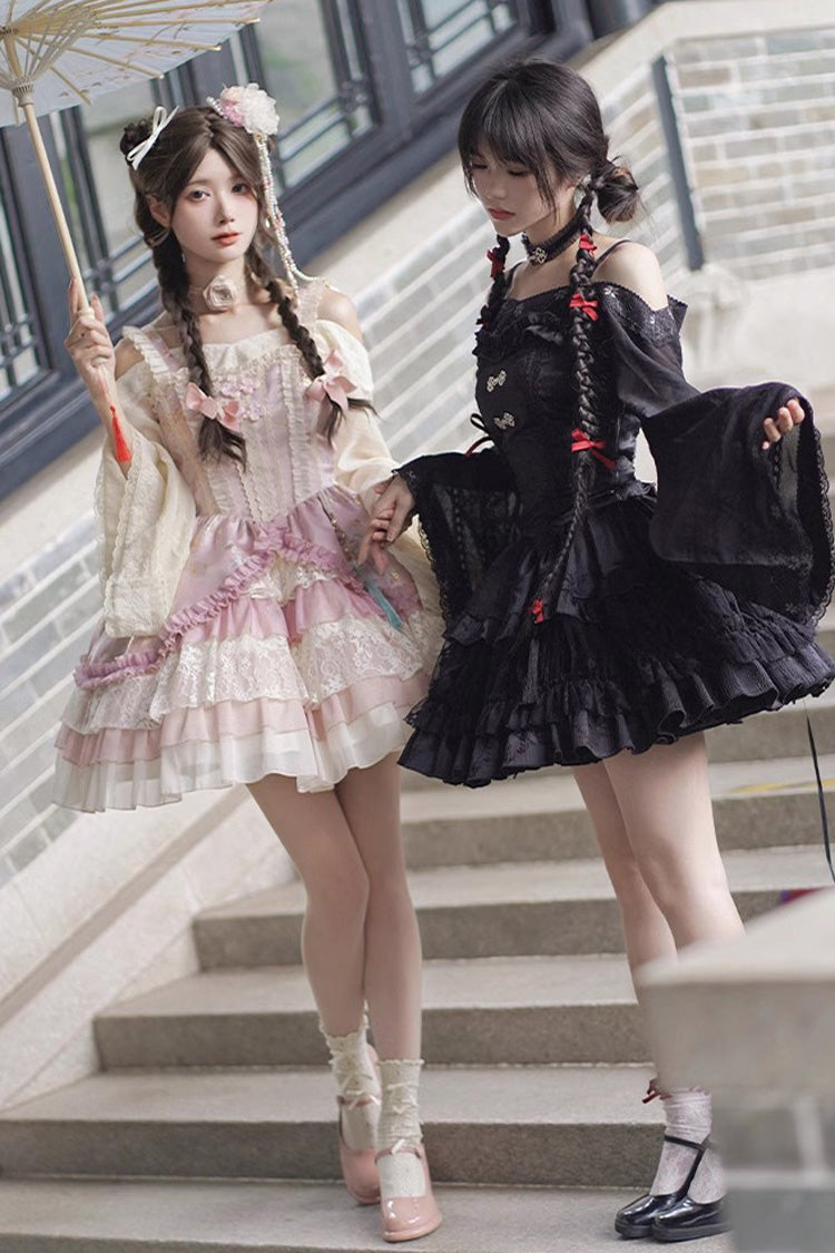 Gothic Chinese Lolita Skirt with Bamboo Leaves Print, Ruffles and Lace