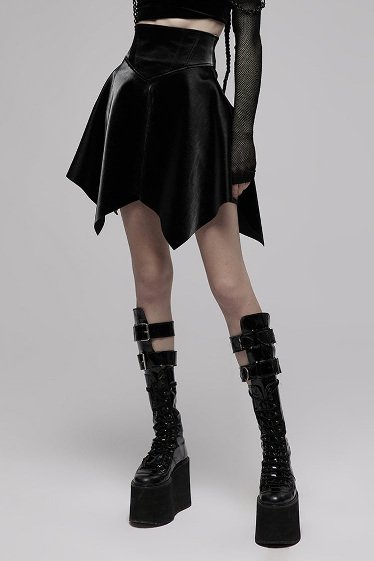 Gothic Glossy Leather Waist Seal Square Hem High Waist Skirt