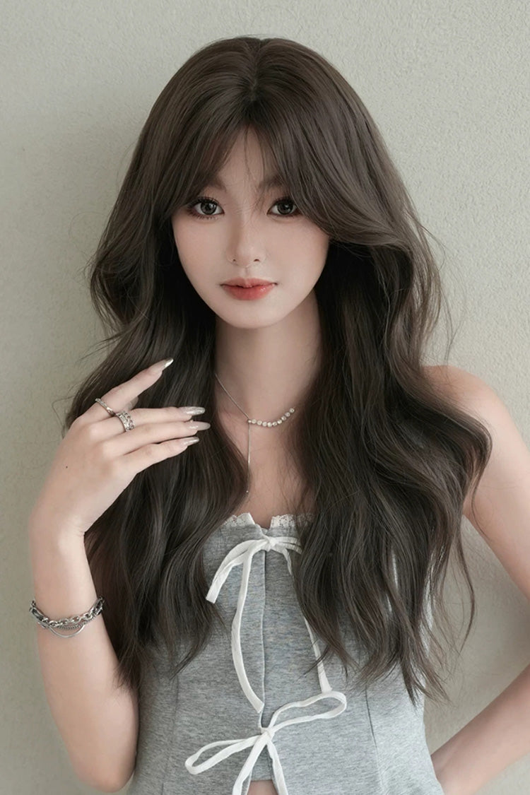 Fluffy Chestnut Brown Wavy Wig with Face-Framing Curtain Bangs
