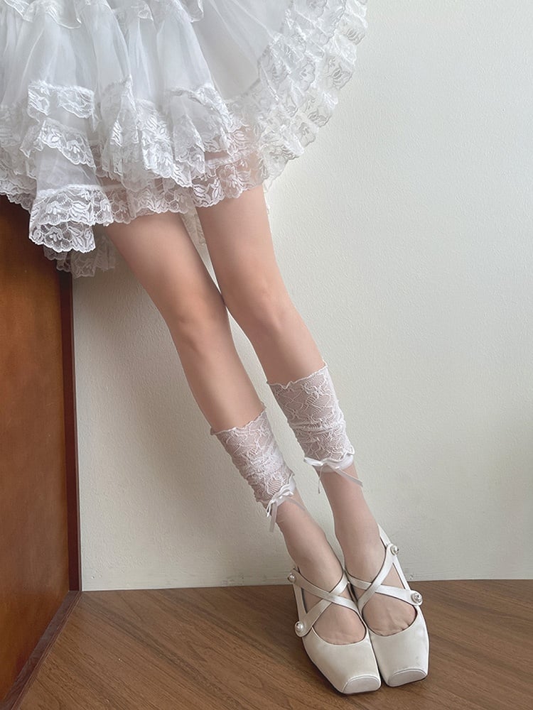 White Calf Socks Lace Ruffled Semi-sheer