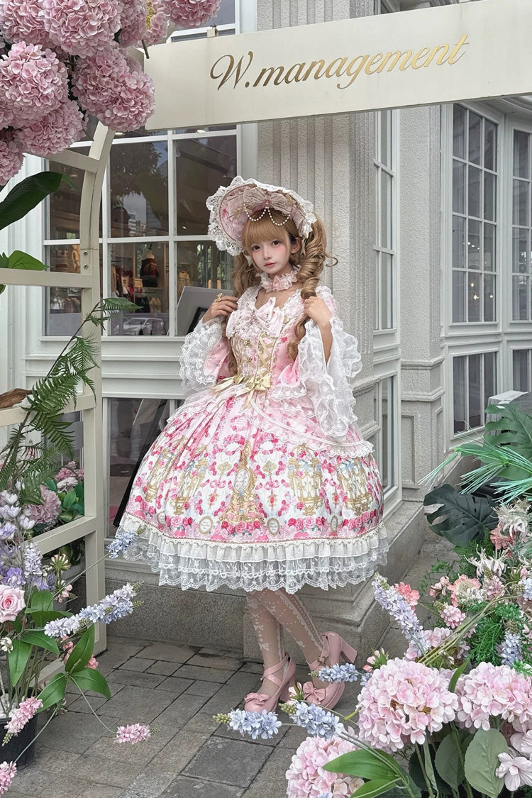 Pink [Rose Garden Prelude] Square Collar Long Trumpet Sleeves Printed Ruffled Bow Lace Lace-Up Sweet Lolita Dress