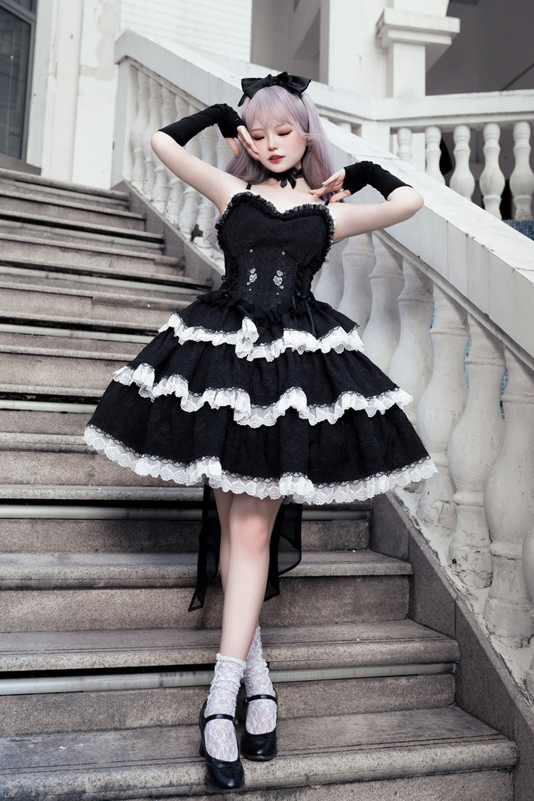 Midnight Ruffled Embroidered Bow Accent Gothic JSK Frock