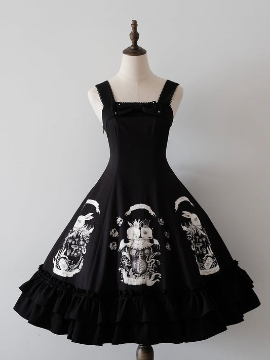 Dark Black Dress Print Waist Gothic Slim Fit Bunny Lolita