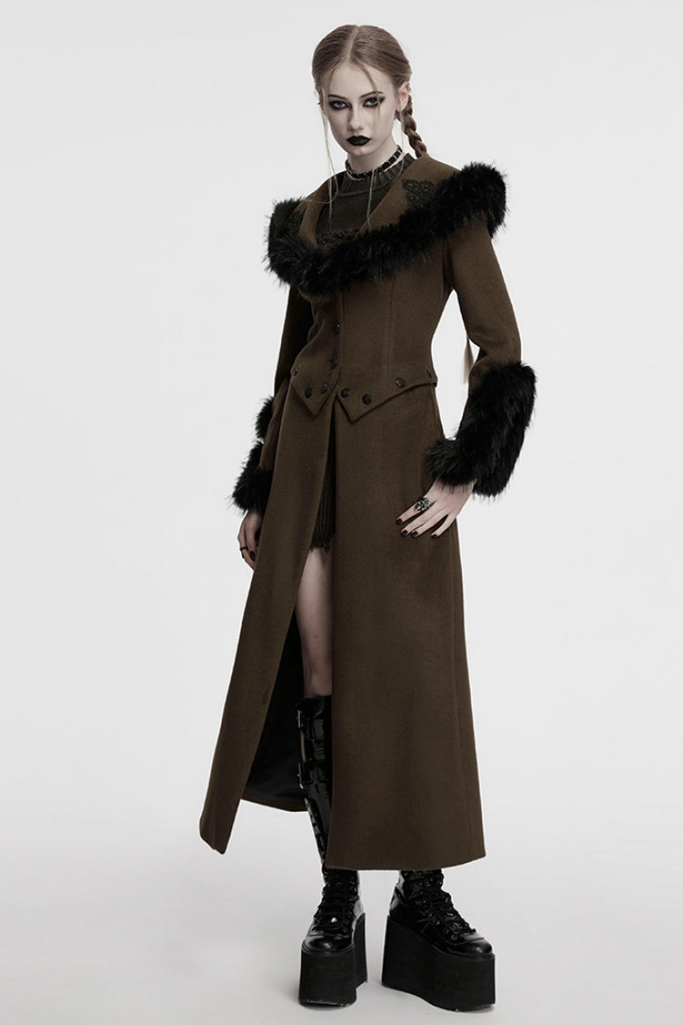 Detachable Faux Fur Trimmed Gothic Coat with Lace-Up Details
