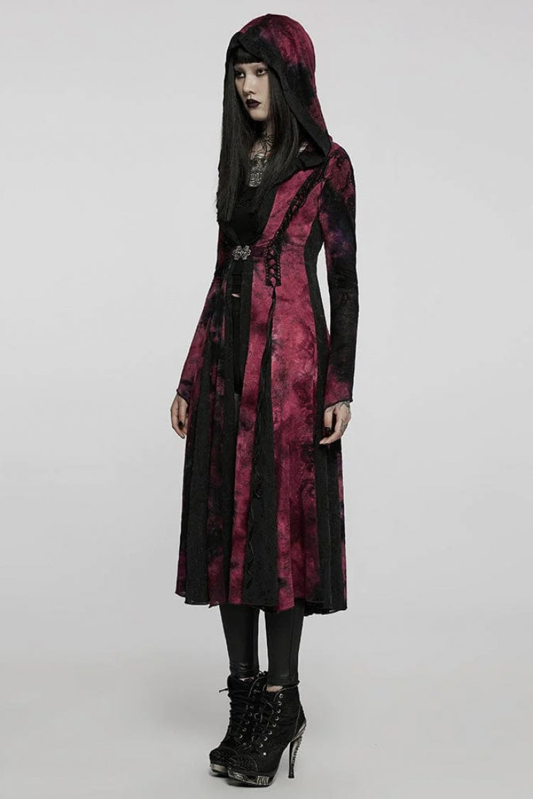 Crimson Noir Flared Bell Sleeves Stitched Hooded Women's Vintage Gothic Overcoat
