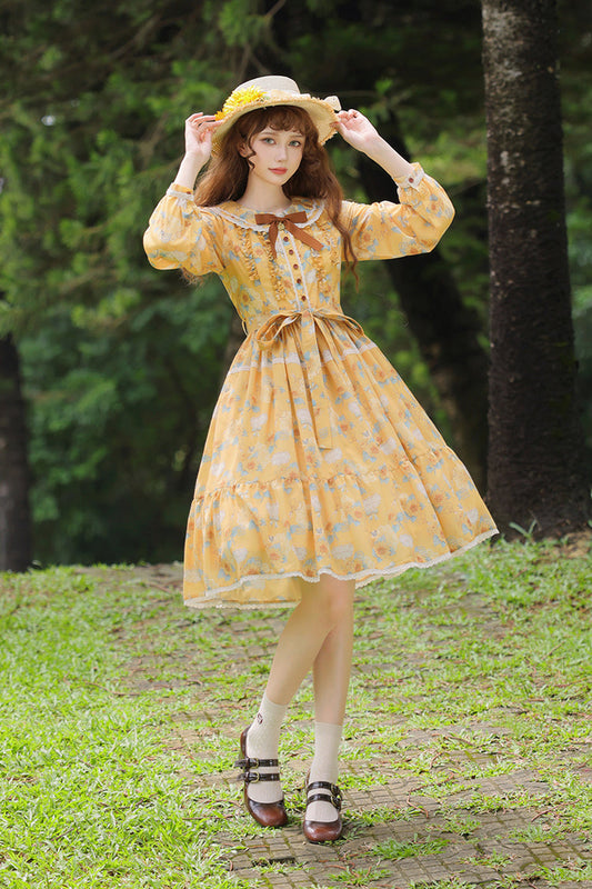 Sunflower Yellow Long Sleeve Floral Bow Elegant Lolita Dress