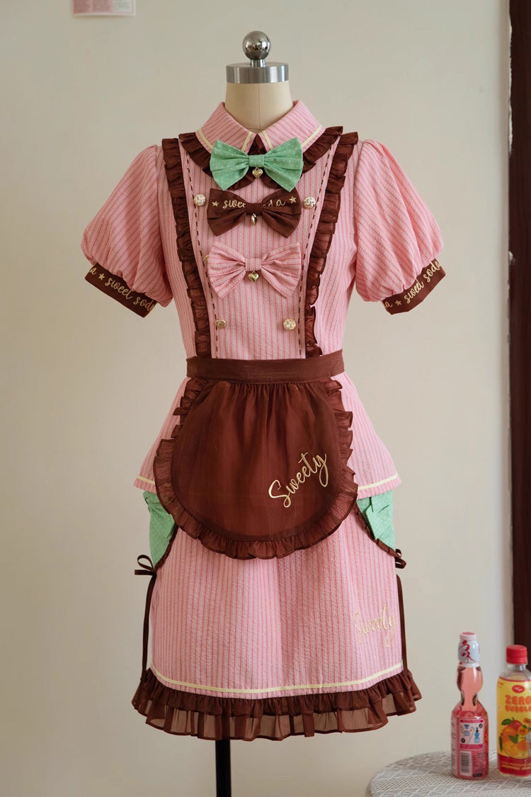 Pink Vintage Apron Bow Print Soda Lolita Skirt Ensemble - Sweet Soda