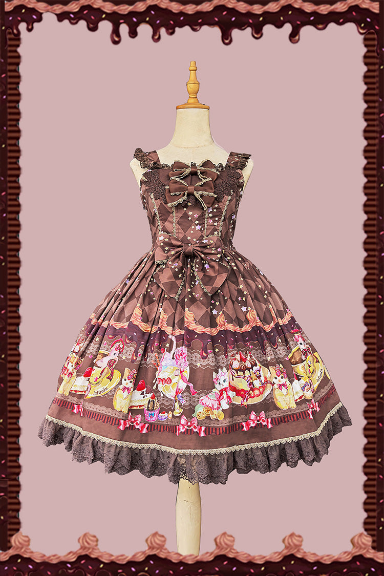 Sleeveless Lace Bow Print Sweet JSK Dress in 3 Colors - Cream Meow