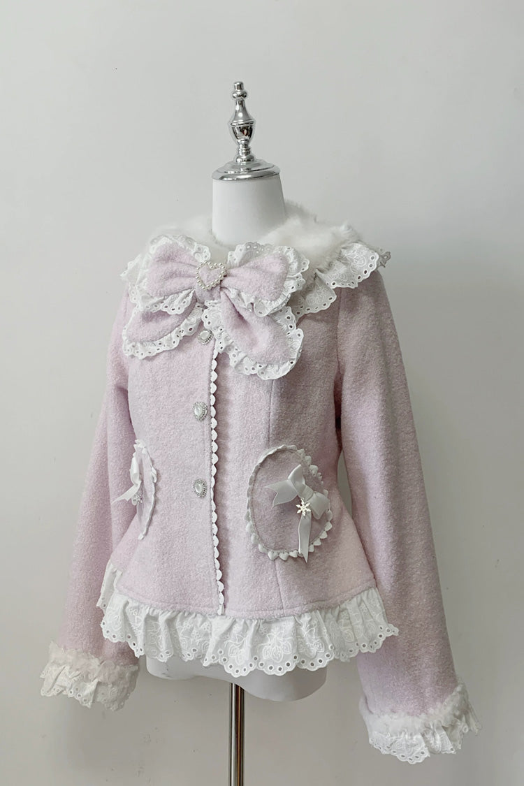 Diamond Strawberry Long Sleeve Bow Lace Pearl-Adorned Sweet Jirai Kei Lolita Coat in Three Colors