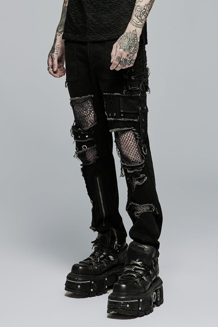 Men's Punk Pants with Hollow Lace-Up Ripped Design