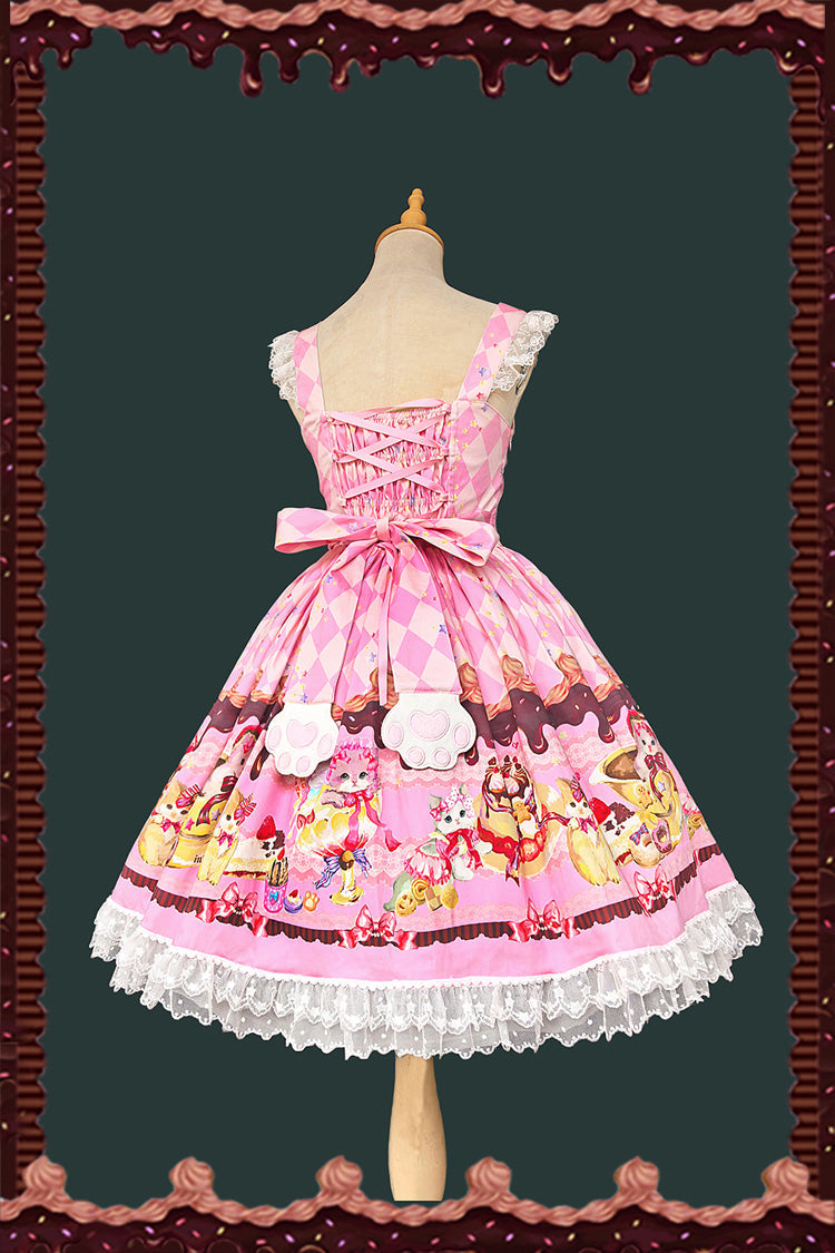 Sleeveless Lace Bow Print Sweet JSK Dress in 3 Colors - Cream Meow