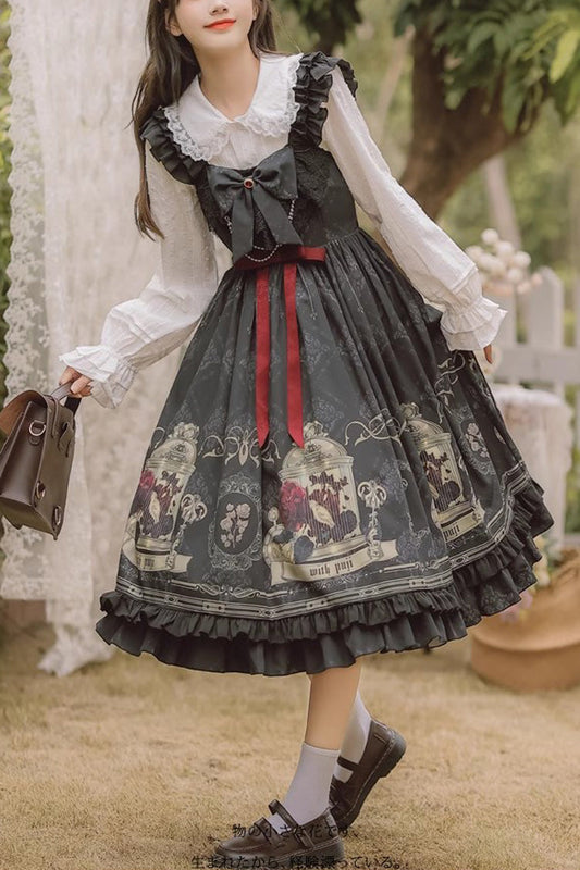 Gothic Princess Lolita Dress with Birdcage Rose & Ruffle Bow