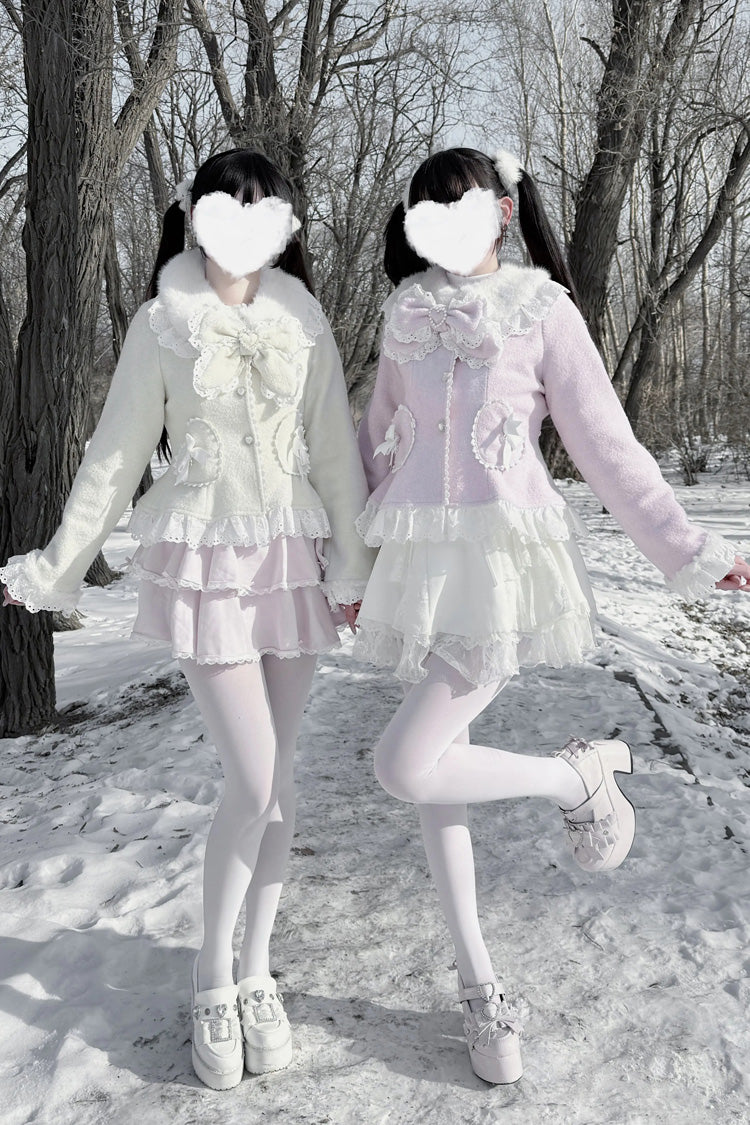 Diamond Strawberry Long Sleeve Bow Lace Pearl-Adorned Sweet Jirai Kei Lolita Coat in Three Colors