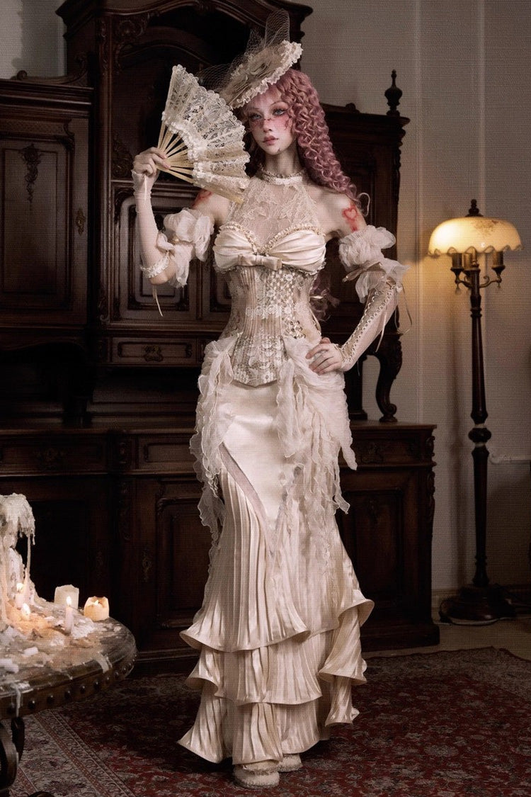 Halterneck Ruffled Embroidered Bow Lace Slim Fishbone Gothic Lolita Top and Skirt Dress Set