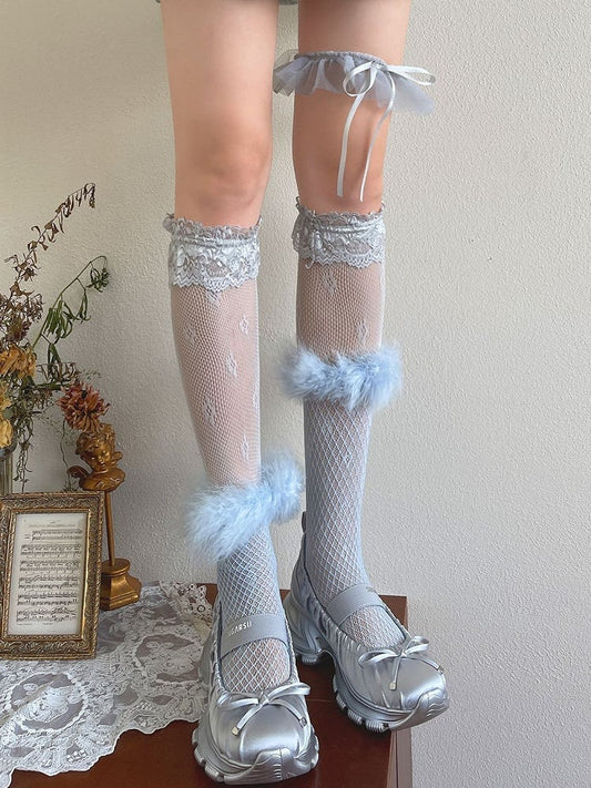 Feather Overknee Blue Stockings Leg Loop Lace With Cuffs