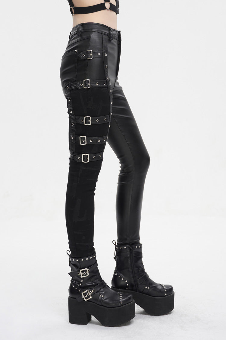 Leather Multi-Buckle Splice Punk Trousers for Women