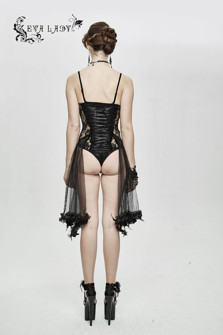 Rose Lace Mesh Hem Sling Gothic Jumpsuit in Black