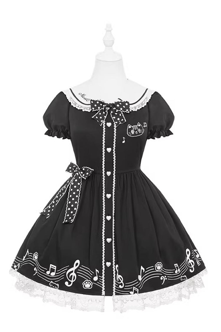 Black Melody Kitty Doll Collar Short Sleeves Ruffled Embroidered Bow Lace Sweet Dress
