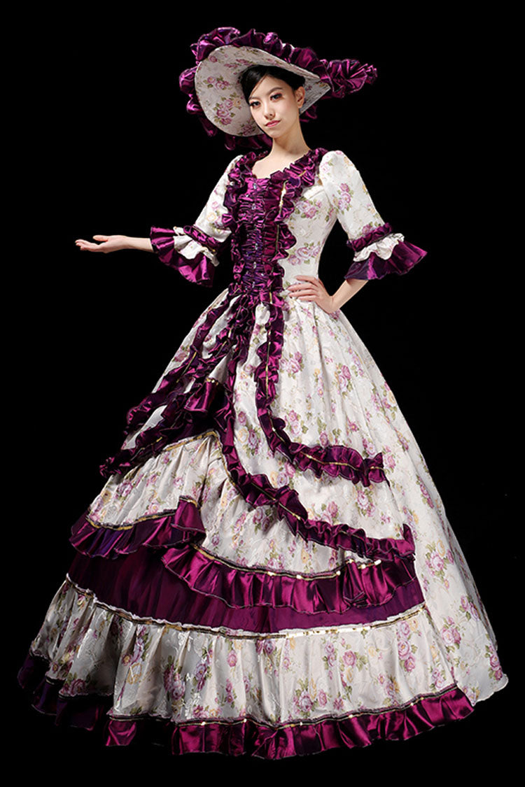 Floral Print Ruffled Multi-Layer Victorian Gown - Half Sleeves