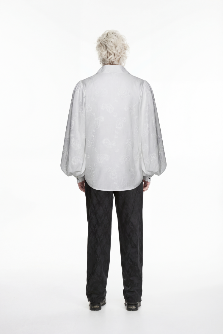 Ivory Embroidered Gothic Shirt with Lantern Sleeves and Print