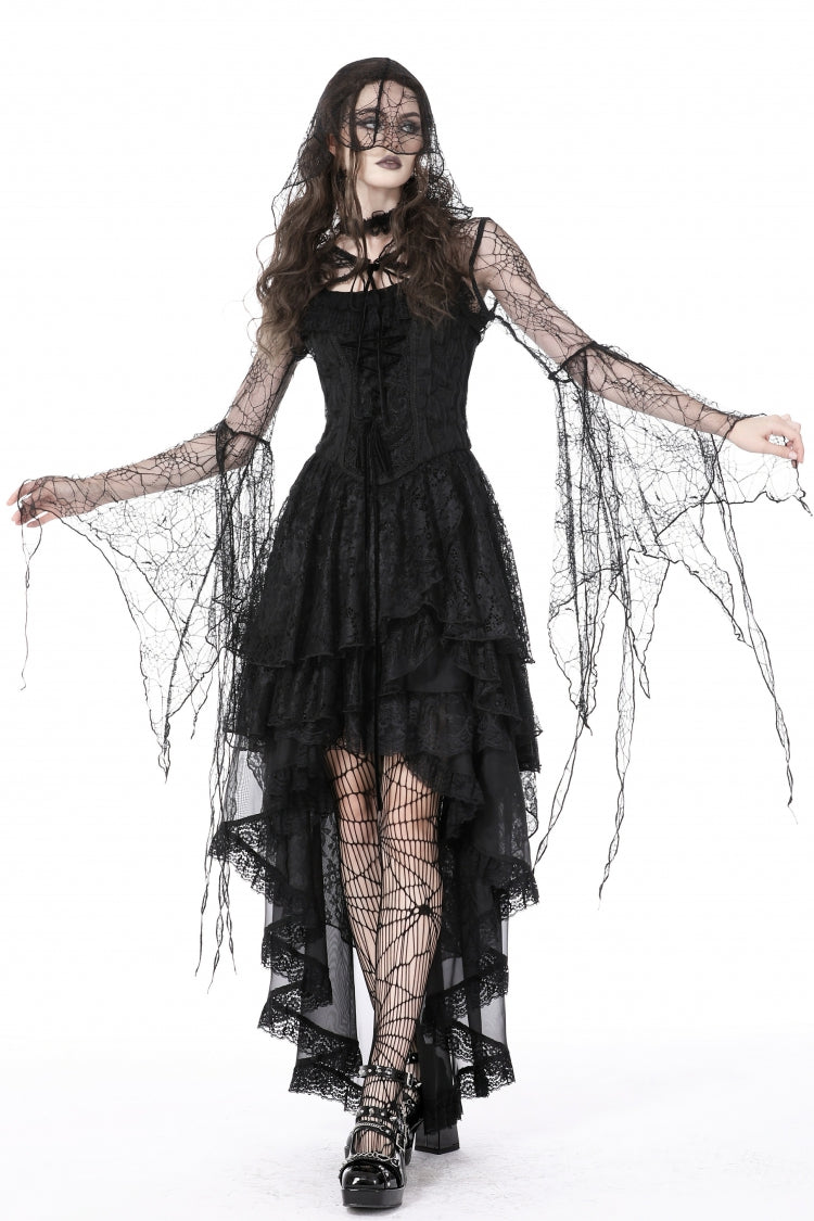 Midnight Spider Web Hooded Cape with Flared Lace-Up Sleeves - Gothic Sheer