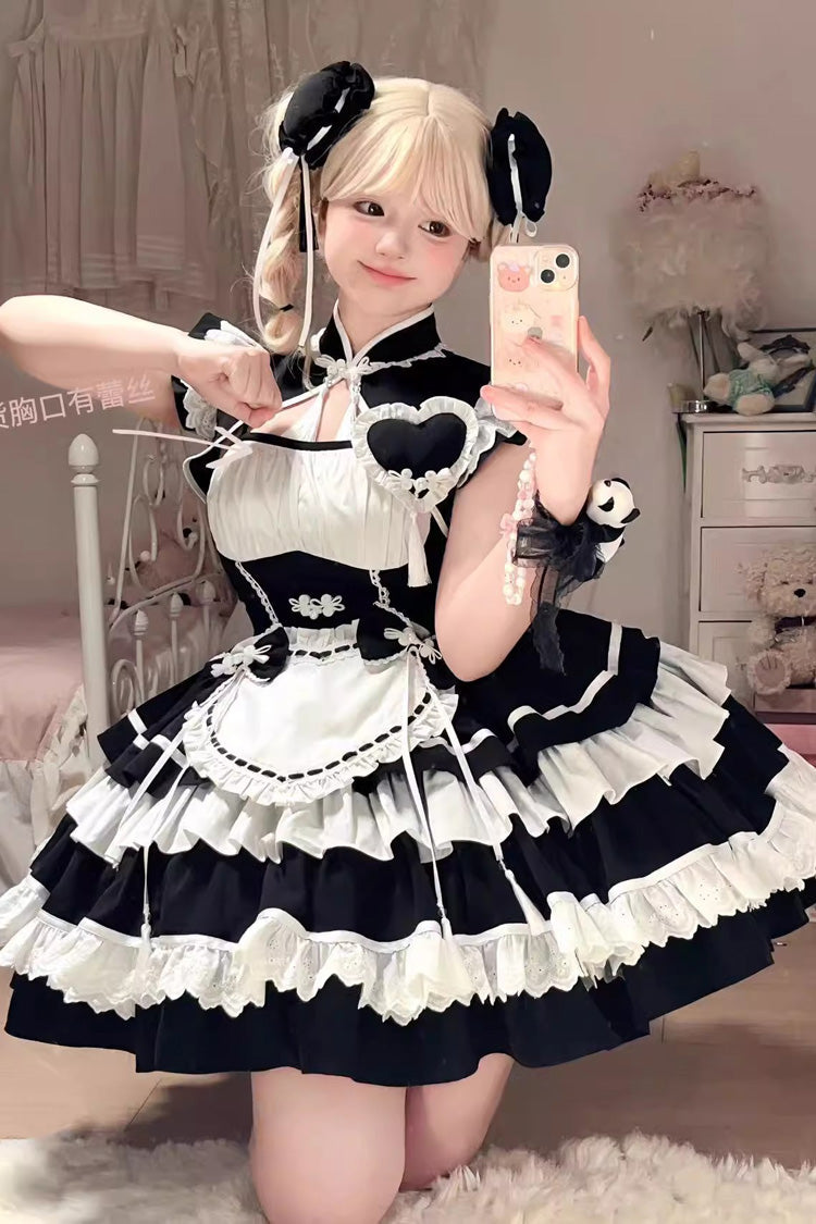 Black and White Layered Ruffle Cheongsam Maid Dress - Gothic Fusion