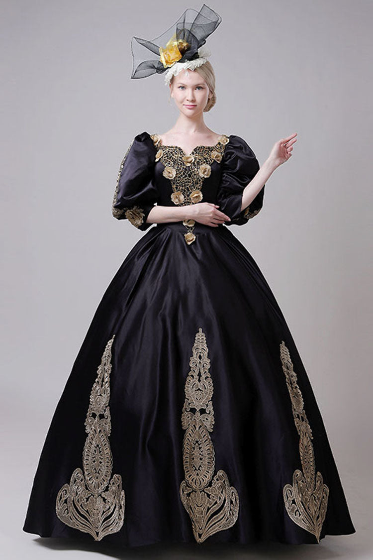Golden Floral Hollow Print Victorian Gown - Boat Neck Half Sleeves