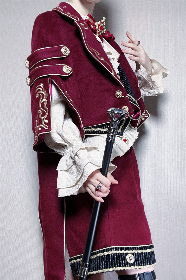 Crimson Royal Heir Embroidery Military Elegant Handsome Ouji Lolita Coat Blouse Shorts Set
