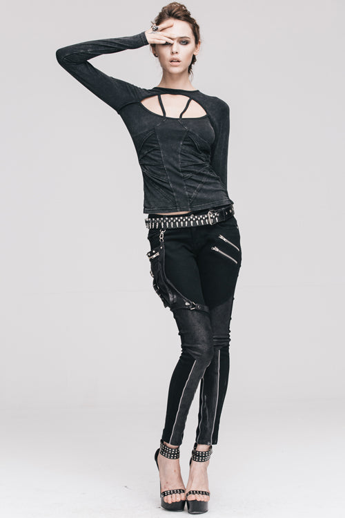 Women's Punk T-Shirt with Hollow Out Long Sleeves Straps Design