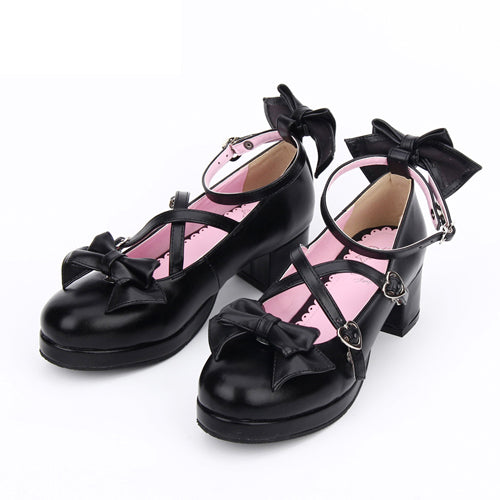 Bowknot Mid Heel Lolita Shoes with Cross Buckle - Princess Style