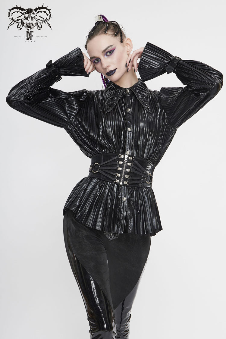 Edgy Studded Cuff Punk Blouse with Pleated Pointed Collar
