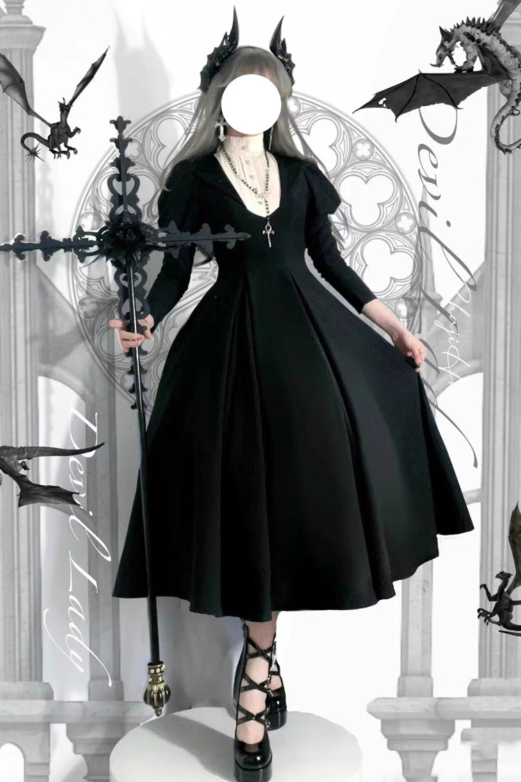 Black Nun Long Puff Sleeve High Waist Gothic Plus Size Dress
