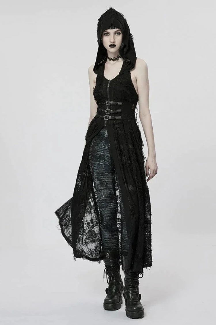 Ripped Knit Hooded Gothic Coat for Women