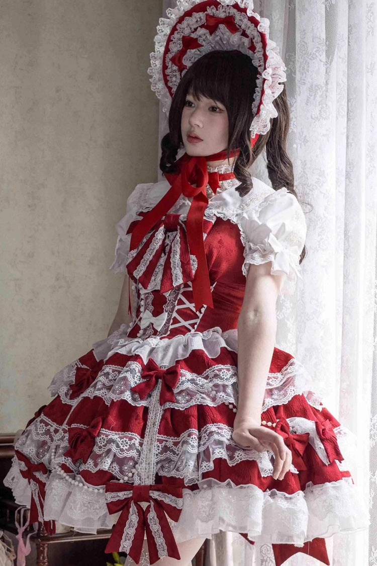 Small Cakes Sleeveless Multi-Layered Ruffled Bow Lace Sweet Lolita JSK Dress - Red