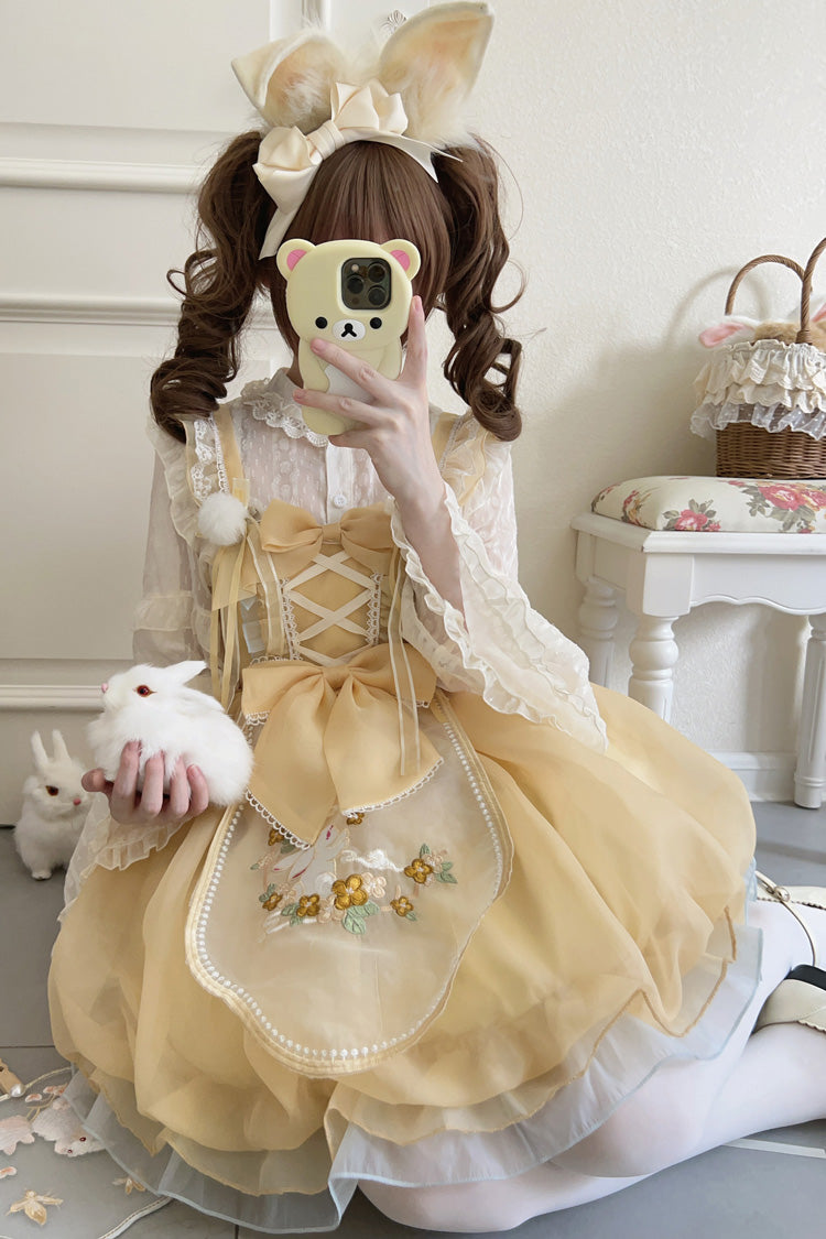 Yellow Moon Rabbit Embroidery Ruffled Bowknot Lace Sweet Lolita JSK