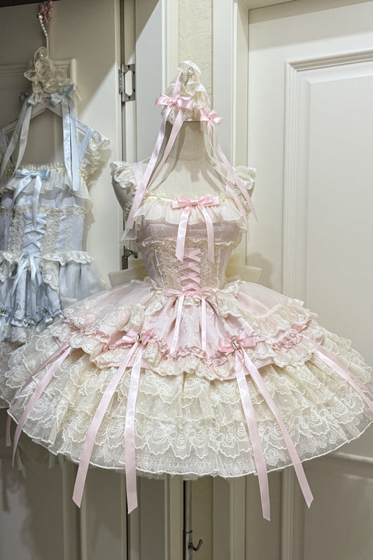 Rose Sleeveless Layered Ruffle Bow Lace Corset Ballet Jumper Dress - Ribbon Heart Love