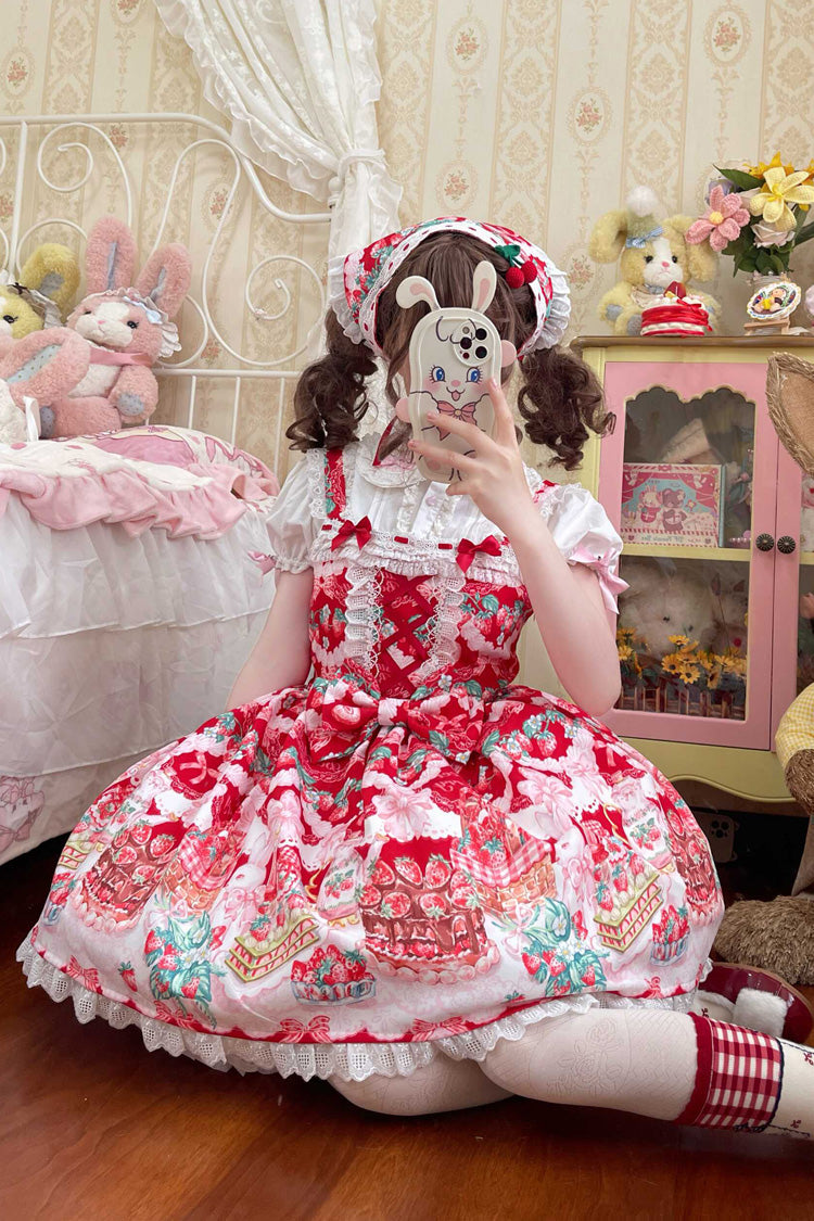 Crimson Strawberry Cocoa Jam Print Sleeveless Frill Bow Lace Sweet Lolita Jumper Dress