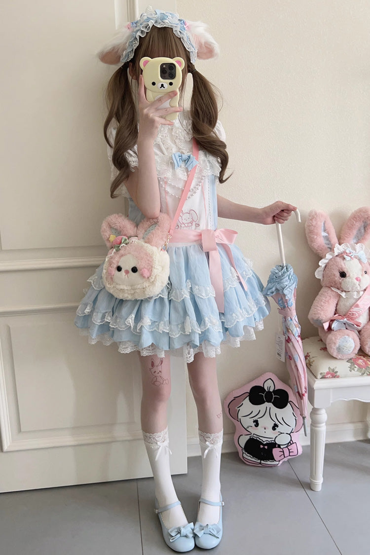 Blue Sleeveless Double Layer Ruffle Rabbit Embroidery Bow Lace Sweet Jsk