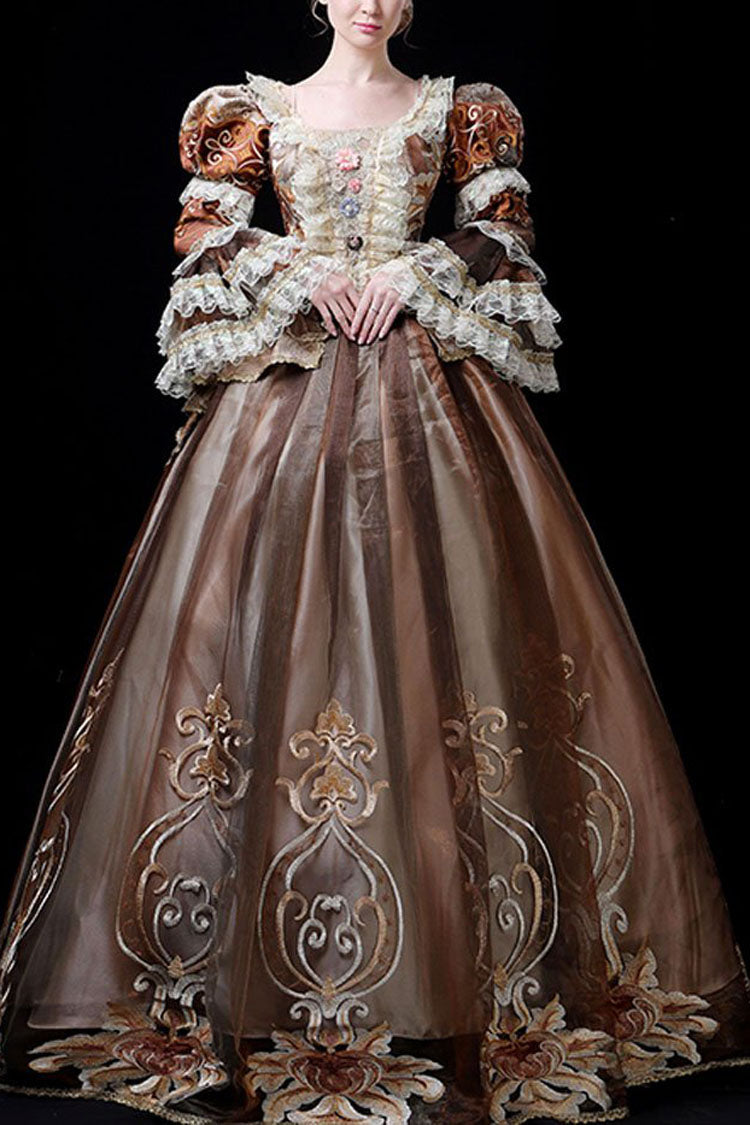 Coffee Victorian Prom Dress with Floral Embroidery and Trumpet Sleeves